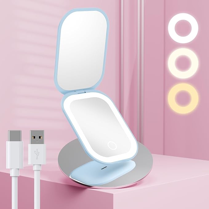 Benbilry Lighted Compact Travel Mirror with 3 Color Lights, 1X/3X Magnifying Ultra Slim Rechargeable Pocket Mirror for Purse, 2-Sided, Handheld, Folding, Portable, Blue