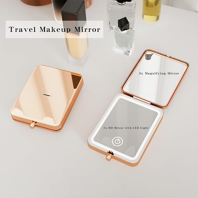 Compact Makeup Mirror with Lights, Rechargeable Dimmable 3 Color Lighting 3X Magnification LED Mirror for Pocket, Purse, Travel Portable Folding Hand, Gifts for Wife I Love You Wife Rose Gold (Wife)
