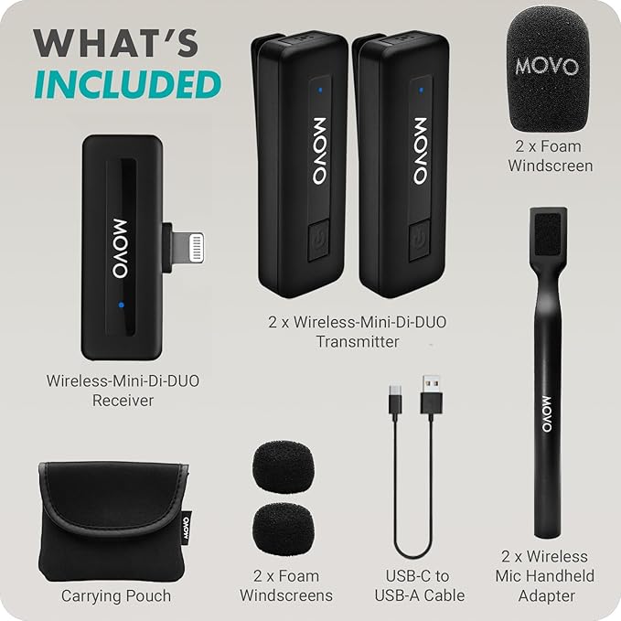 Movo Wireless Mini DI Duo Dual Ultra Compact Wireless Lavalier Microphones for iPhone with Handheld Adapter - Lapel Mic with Handle Mount for Content Creators, Interviews, Reporting and More