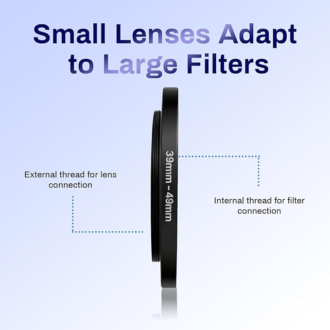 39mm to 49mm Lens Filter Adapter Ring, Metal Step Up Ring Adapter Filter Stepping Rings Fits 39mm Lens to 49mm DSLR/Digital Cameras & UV/CPL/ND Filters
