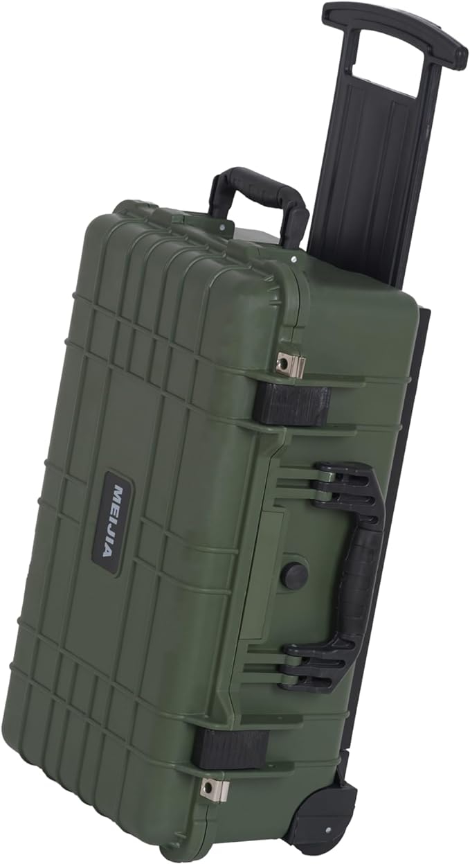 MEIJIA All Weather Rolling Waterproof Protective Case, Hard Camera Case,Dry Case with Retractable Pull Handle and Wheels,Foam Inserted,22 x13.81x9inches (Green)
