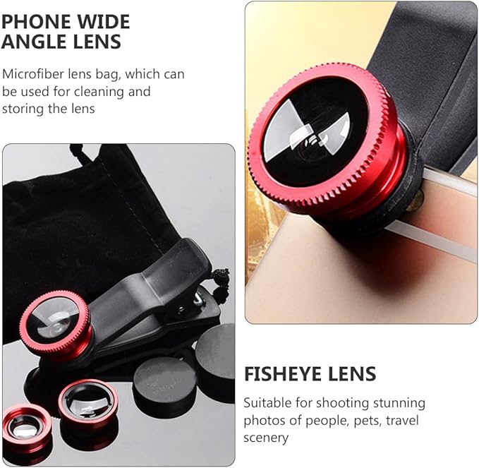 3 in 1 Smartphone Camera Lens Kit Macro Wide Angle Fisheye Clip-on Phone Lens Set and Black Clip Compatible for Mobile Photography and Video Accessories