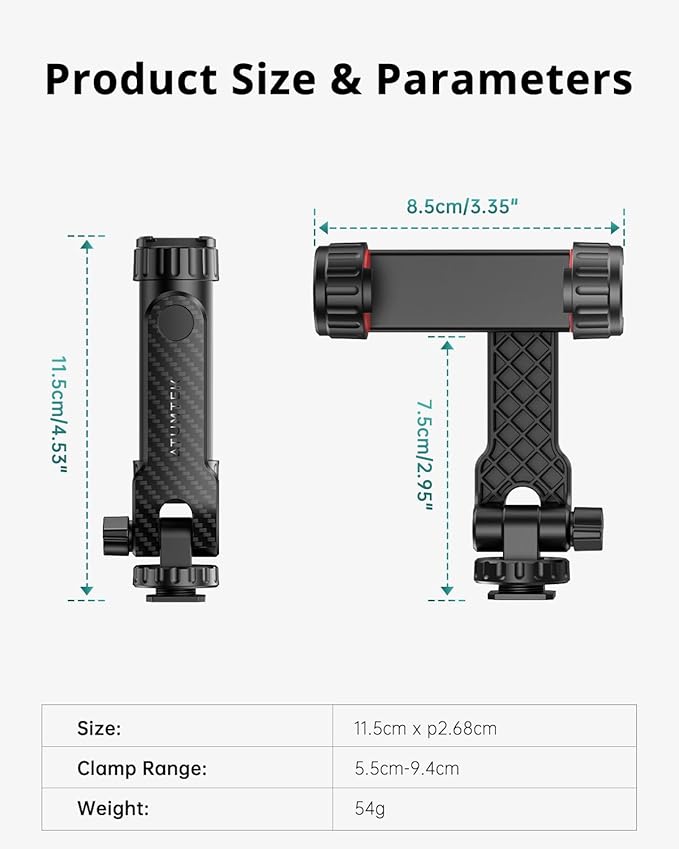 ATUMTEK Phone Tripod Mount, Universal Smartphone Mount Adapter with 2 Cold Shoe and 1/4" Standard Screw, 360° Rotates and 180° Tilts Adjustable Cell Phone Clamp Holder for Perfect Mobile Photography
