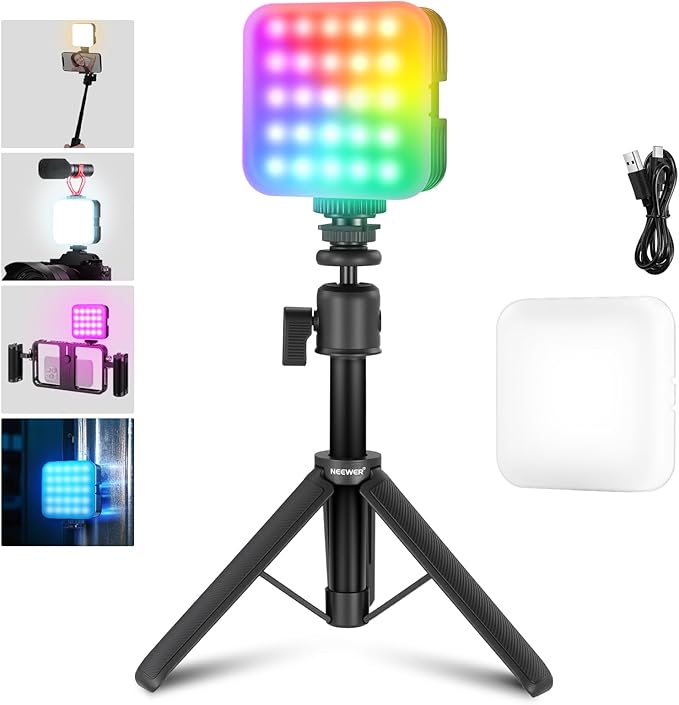 NEEWER Magnetic RGB Video Light with Desk Tripod Stand & 3 Cold Shoes, 360° Full Color LED Camera Light, CRI97+/20 Scenes/2500K-8500K, 2000mAh Photography Recording Small Panel Lighting, RGB61