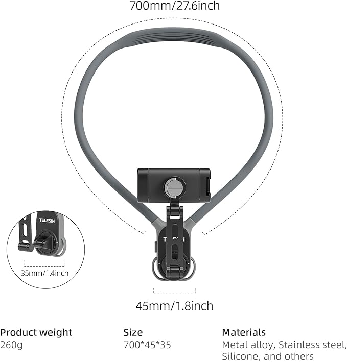 TELESIN° Neck Phone Holder POV/Vlog Neck Mount for Phones with Phone Clip, Hands Free Phone Neck Holder w Chest Strap Neck Selfie Mount Video Recording for iPhone Samsung Google Pixel and All Phones