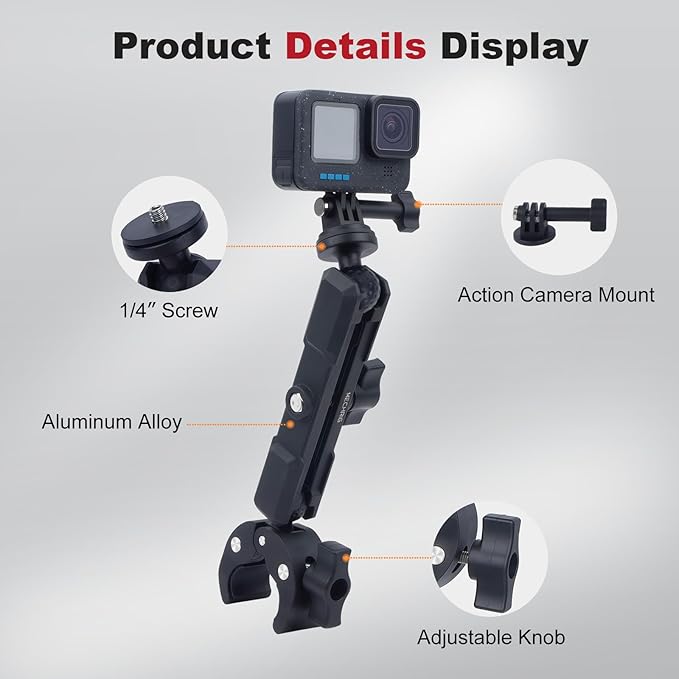 Super Clamp with Dual Ballhead Magic Arm, Aluminum Camera Clamp Mount Kit for GoPrO/Pocket 3 /lnsta360 X5 X4 /DSLR/Monitor/Video Light/Desk/Microphone/Handlebar-360°Rotating & 1/4”Screw, JC029