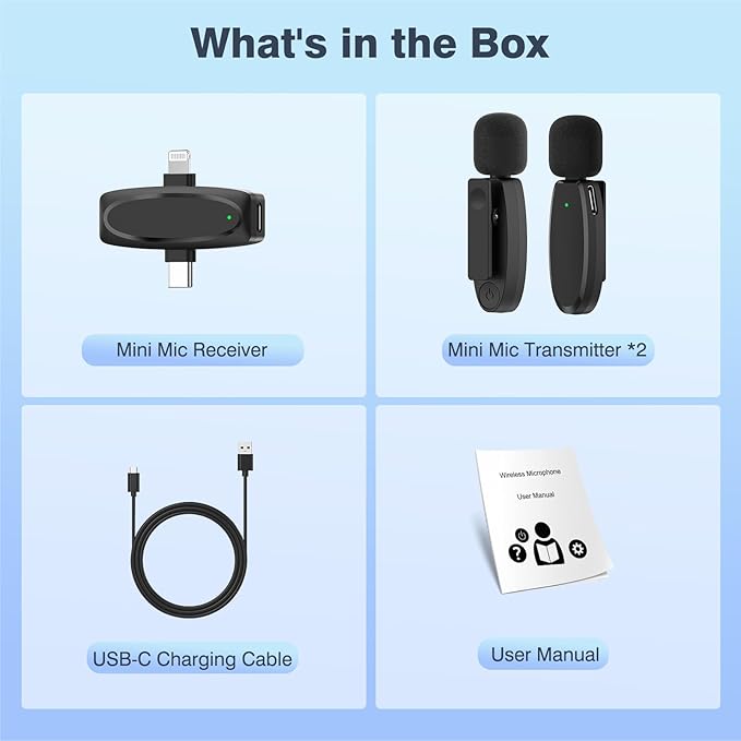 Wireless Microphone for iPhone, Dual Mini Microphones with AI Noise Cancelling & USB-C/Lightning Receiver, for Streaming YouTube Vlog Interview Podcast