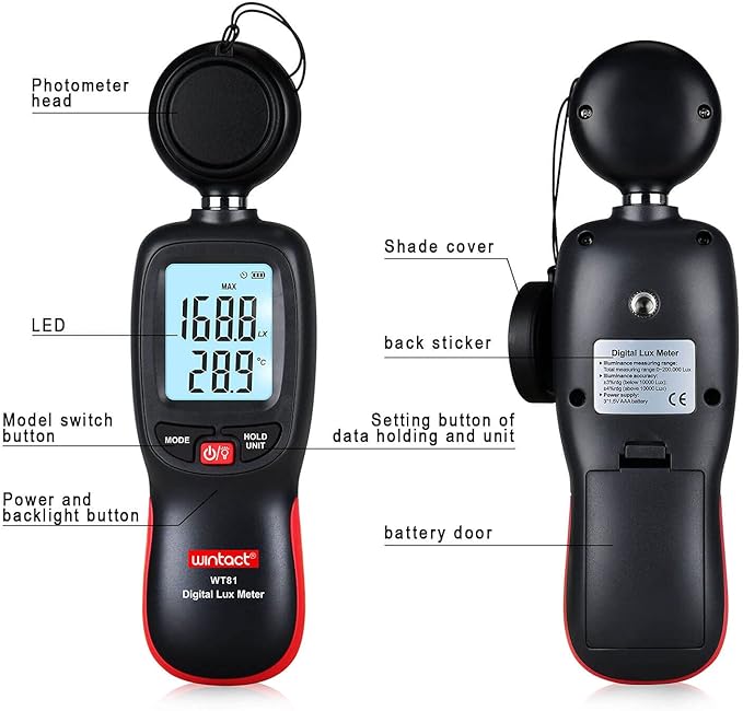 Wintact Digital Illuminance Light Meter Handheld with Thermometer Ambient, Lux Meter Range up to 200,000 Lux, Photometer Light Intensity Sense Test for Garden Indoor Plants LED Grow Light, Photography