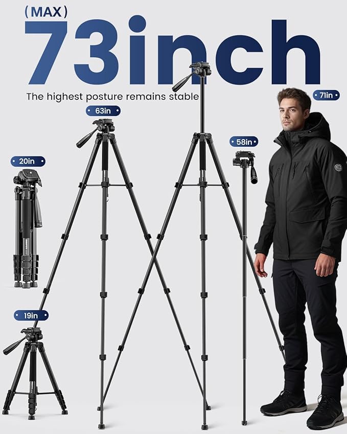 CAMBOFOTO 73" Camera Tripod and Monopod, Professional Aluminum Tripod Stand for Mirrorless Camera/DSLR/Cell Phone/Camcorder/GoPro, with Phone Holder and Travel Bag (Black)