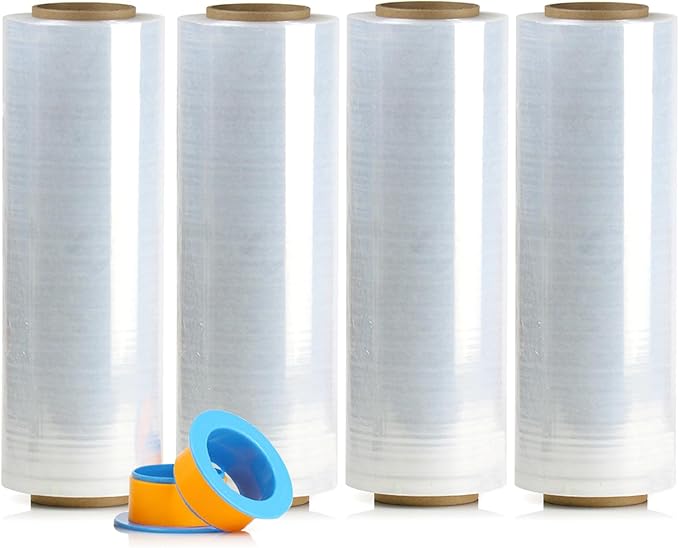 BOMEI PACK 4 Pack 1500ft Industrial Clear Stretch Wrap Film 70 Gauge 15" with 3inch Plastic Rolling Handles for Pallet Wrap, Durable Self-Adhering Packing, Moving, Heavy Duty Shrink Film