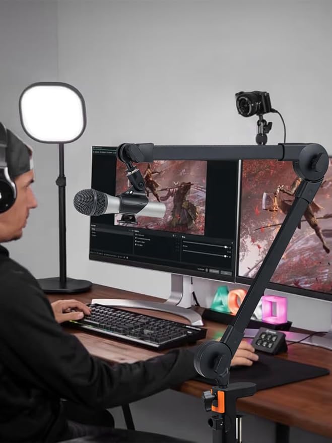 Microphone Boom Arm Mic Stand, Adjustable Suspension Boom Scissor Arm Stand with Mic Clip Holder and Heavy Duty Clamp for Streaming Podcast Recording Studio