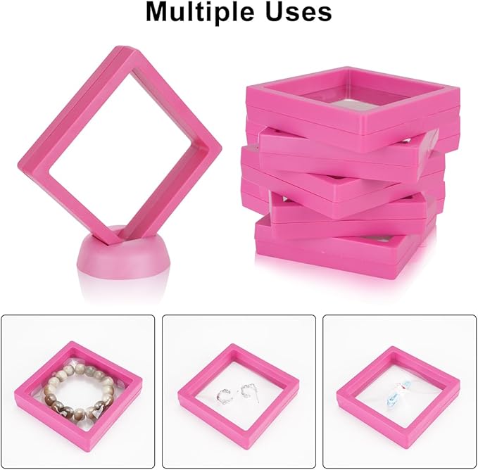 12PCS 3D Floating Frame Case with Stands, Challenge Coin Display Stand Holder, Gift Packing Showcase for Earrings, Jewelry, Medallions, Specimens, 3.54x3.54 Inch (Pink)