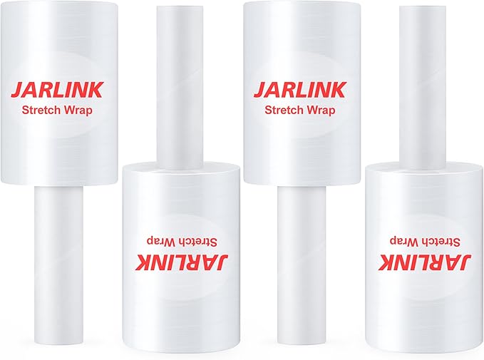 JARLINK 4 Pack Stretch Film, 5" 1000ft Mini Industrial Strength up to 500% Stretch Shrink Wrap with Handles, Thick Durable Self-Adhering Plastic Wrap for Pallet Wrap, Moving, Packing, 60 Gauge