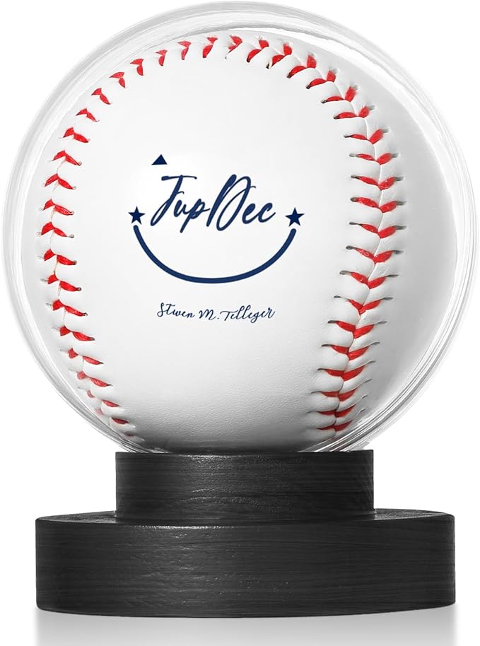 JupDec Baseball Display Case, Round Clear Ball Holder with Wooden Base, Autograph Baseball Stand Box for Single Ball, Acacia Wood, Black