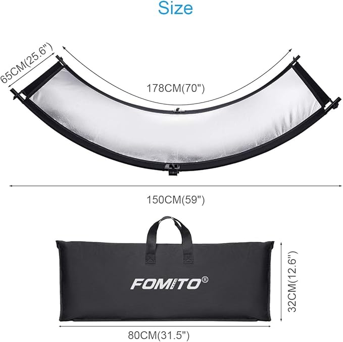 FOMITO Light Reflector 70"x25.6"/178x65cm Arclight Curved Eyelighter Lighting Diffuser for Photography Stuido Filming Shooting, Black/White/Gold/Silver