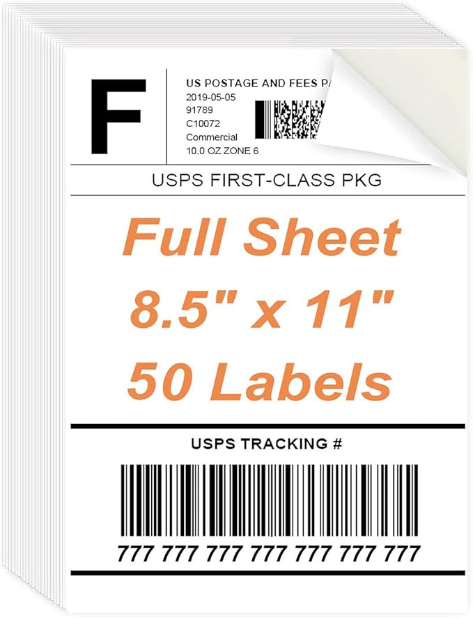Full Sheet Labels, 8.5" x 11" - 50 Sheets Full Page Labels Printable White Sticker Paper for Laser/Inkjet Printers - Matte, Letter Size
