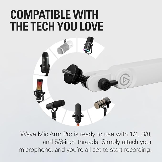 Elgato Wave Mic Arm Pro White - 360° Rotatable Low Profile Gas Spring Microphone Arm, Works Mics/Shure SM7B/HyperX QuadCast/Rode/Blue Yeti & More – for Broadcasting/Podcasting/Streaming