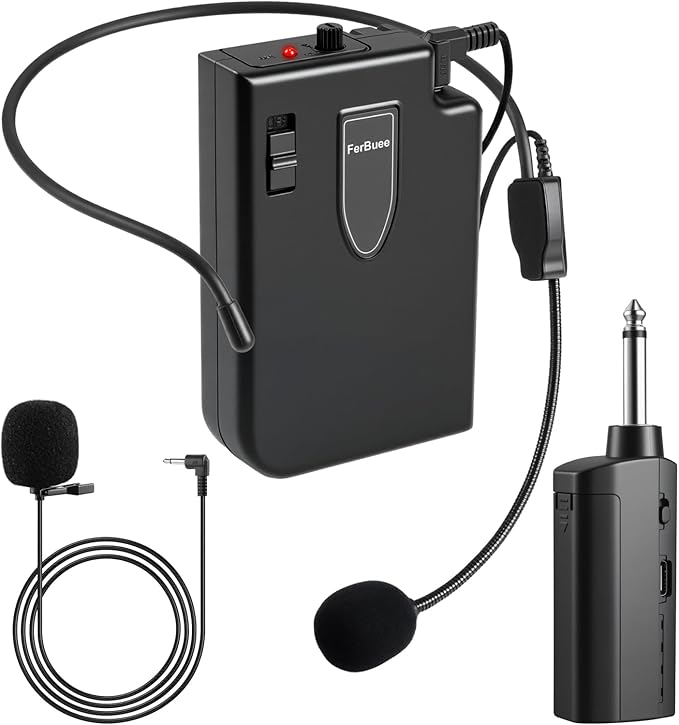 Wireless Microphone System with Headset Mic & Lavalier Lapel Mic, Portable Cordless Microphone Set, Bodypack Transmitter and Mini Receiver with 1/4'' & 1/8'' Plug, Ideal for Teaching, Speech