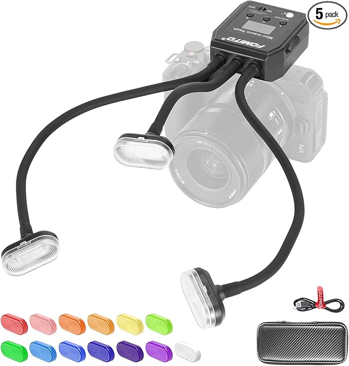 Fomito Triple Head Macro Flash - Universal Hot Shoe, 8-Level Brightness, 9-Stop LED Focus Assist, USB-C Rechargeable (2000mAh) - 17.52inch