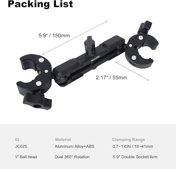 Double Clamp Mount,Double Super Clamp Camera Mount with 360° Ballhead Magic Arm for Desk, Cross Bars,Tripod, Handlebar Studio Light Stand Holder Photography Reflector, Flag, Umbrella,JC025