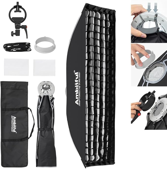 AMBITFUL 11.8" x 47" Strip Softbox Quick Release with Bowens Mount & Speedlite Bracket for COB Lights, Flash for CB60/CB100, SL60/SL100, MS300/SK400, V1/V1PRO/V100, AD200PRO/II (11.8" x 47 ")