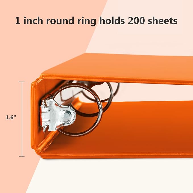 ViVin 1 Inch Round Ring View Binder for Durability, Standard 3 Ring Binder for 200 Sheets of US Letter Size Paper, PVC-Free, 6-Pack (Orange)