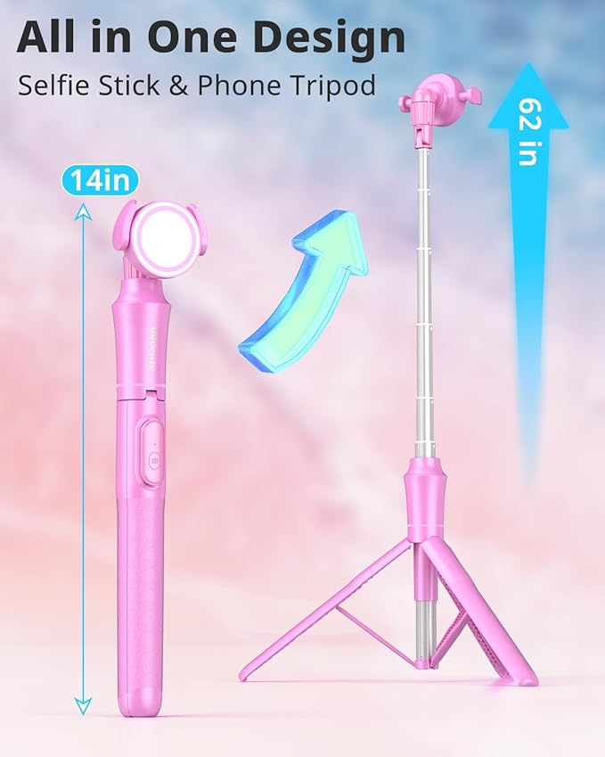 UBeesize 62'' Magnetic Selfie Stick Phone Tripod with Wireless Remote, Extendable Cell Phone Tripod Stand, Compatible with MagSafe, Cellphone Tripod for iPhone 17 16 15 14 13 12 Android Phones Pink