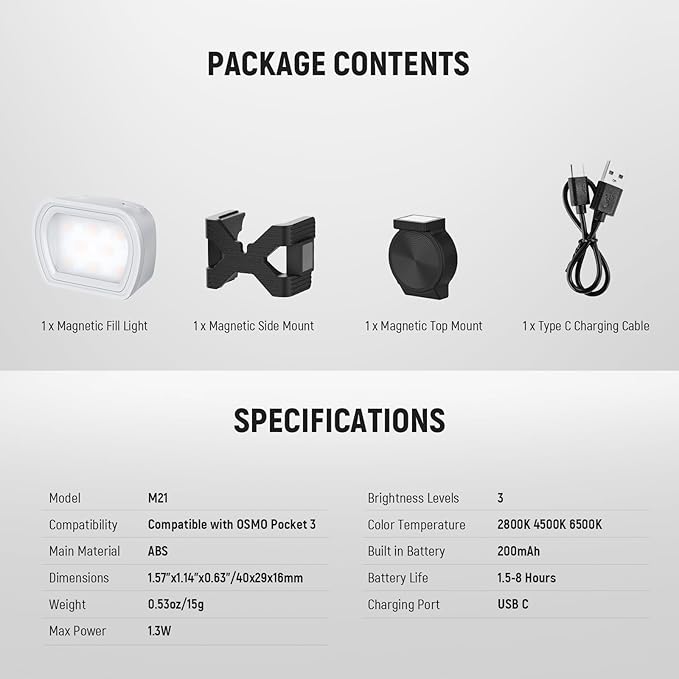NEEWER Basics Magnetic Auxiliary Light Compatible with DJI OSMO Pocket 3 Creator Combo, 1.3W Rechargeable Plastic Mini LED Fill Light Attachment w Upgraded Mounts for Vlog Recording Selfie, M21 Gray