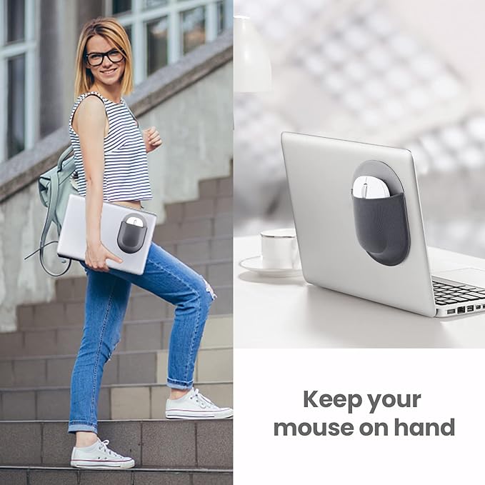 Epessa Universal Stick-On Mouse Pouch, Holder for Wireless Mouse, Sleeve for Laptop, Reusable Adhesive, No Glue Residue, Compatible with iPad or MacBook (Grey)