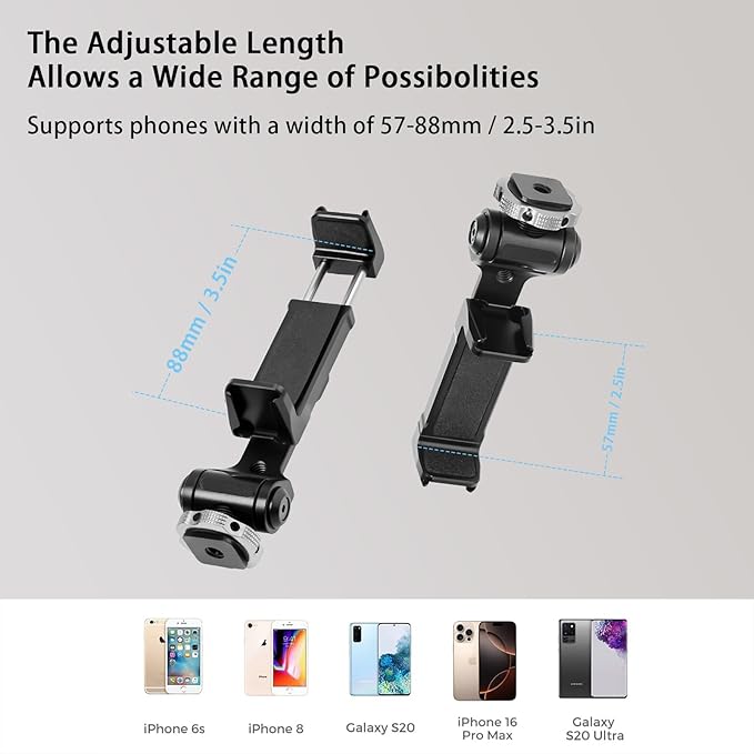 Metal Phone Tripod Mount Adapter with Cold Shoe, 360° Swivel 180° Tilt, Phone Holder Clamp Compatible with iPhone 16, 15 Pro Max Galaxy S24, etc. Free Adjustment Joints