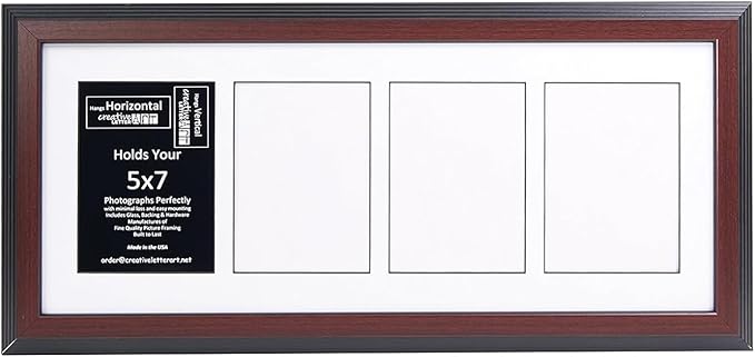 Creative Letter Art 4 Opening Glass Face Mahogany Picture Frame to hold 5 by 7 inch Photographs including 10x24-inch White Mat Collage