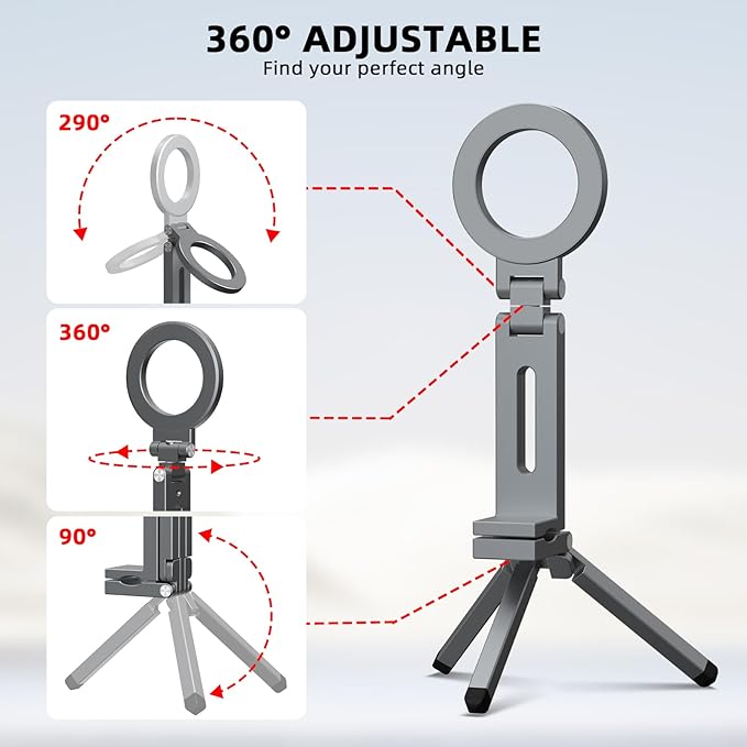 Magnetic Tripod for iPhone, Airplane Phone Holder for MagSafe Selfie Stick Adapter Travel Foldable Clip Clamp Plane Desktop Stand for iPhone 17 16 15 14 13 12 Pro Max Mini Accessories