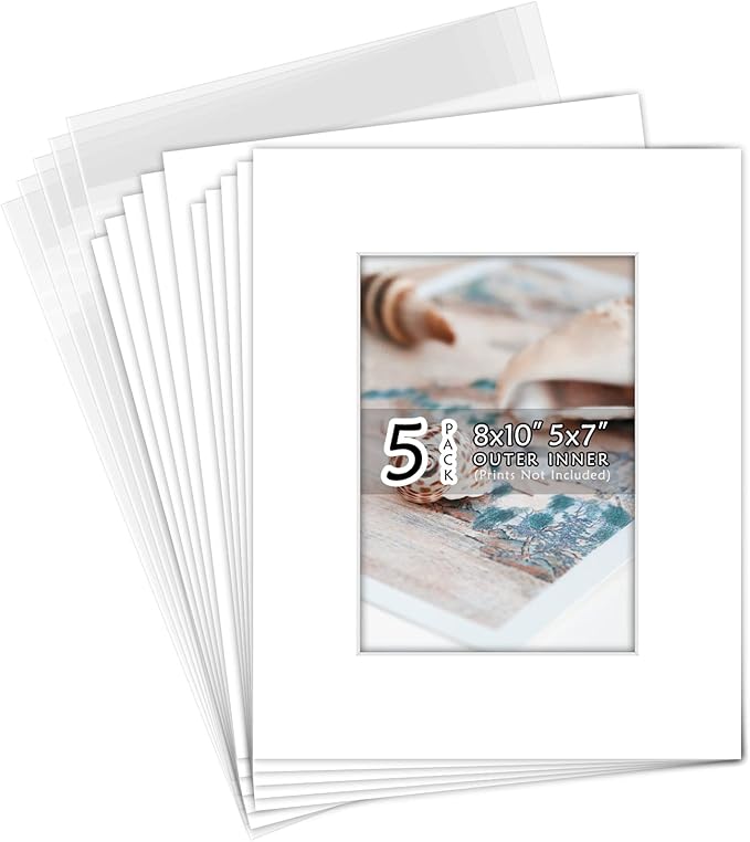 Golden State Art, Acid Free, Pack of 5, 8x10 White Picture Mats Mattes with White Core Bevel Cut for 5x7 Photo + Backing + Bags