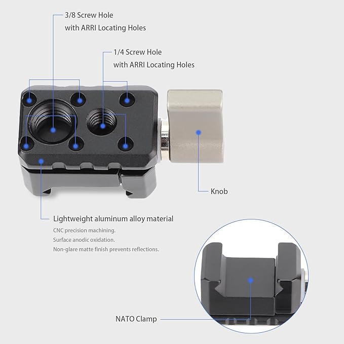 Leftfoto Mini Standard NATO Rail Clamp Adapter for DJI RS2 / RS-C2 / RS3 / RS3 Pro / RS3 mini,with 3/8" & 1/4" ARRI Locating Pins,Camera Cage Monitor Support Magic Arm Quick Release Lock Clamp Mount