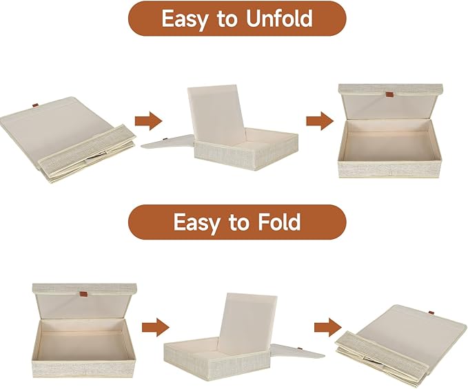 ORGMASTER Photo Storage Boxes with Lids, Memory Box for Keepsakes, Picture Organizer Versatile Linen Containers Basket Collapsible Bin for Organizing Home Office, 2 Pack, 14x10.8x2.5 Inch, Beige