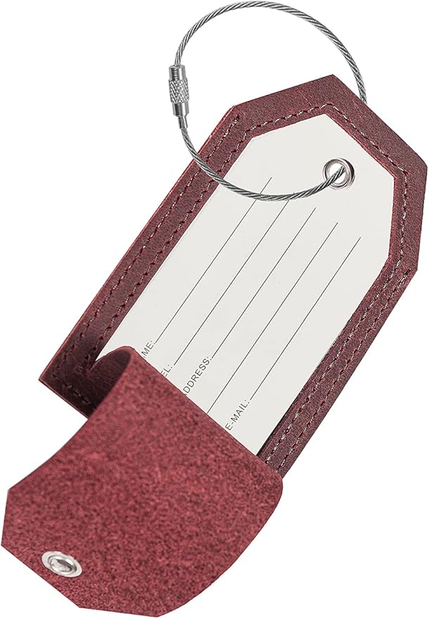 Genuine Leather Set of 2 Luggage Tag with Full Back Privacy Name ID Card Stainless Steel Loop Suitcase Labels Identifiers Baggage Tags Luggage for Women Men Travel (Wine Red)