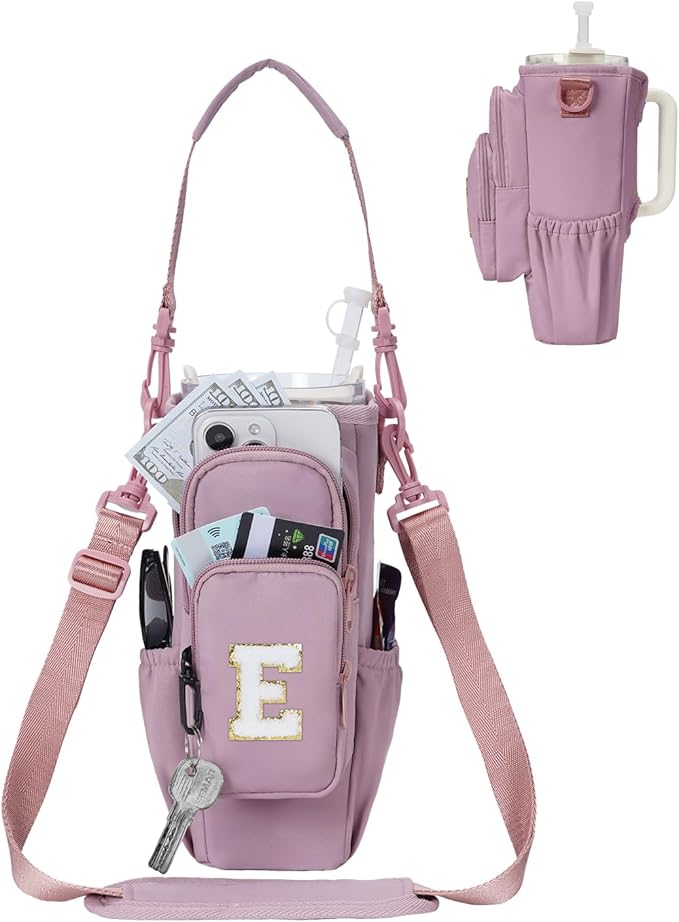 sportsnew Birthday Gifts for Women Personalized Initial Water Bottle Holder with Strap fits most 40oz Tumbler with Handle Water Bottle Carrier Bag with Phone Pocket & Straw Topper Tumbler Accessories