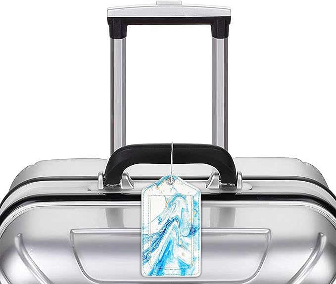 (Set of 2) Luggage Tag Leather Privacy Cover ID Label Address Card with Stainless Steel Loop, Travel Bag Tags Suitcase Labels, Blue Marble