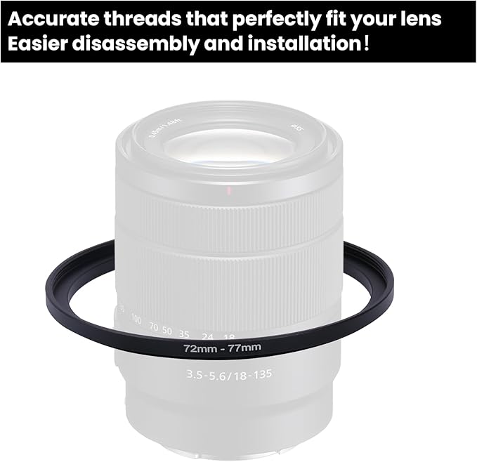 Metal Step Up Ring Filter Adapter - 72mm to 77mm - Metal Ring Step Up Rings Adapter Filter Compatible with All 77mm UV, CPL, ND, Lens Hood, Threaded Lens ect