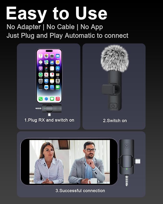 Mini Microphone for iPhone/Android/Camera 3 in 1 Wireless Lavalier Mic with Noise Cancellation Plug&Play Clip-On, 12H Battery, 65FT Range for YouTube, TikTok, Vlogging, Interviews, Influencer