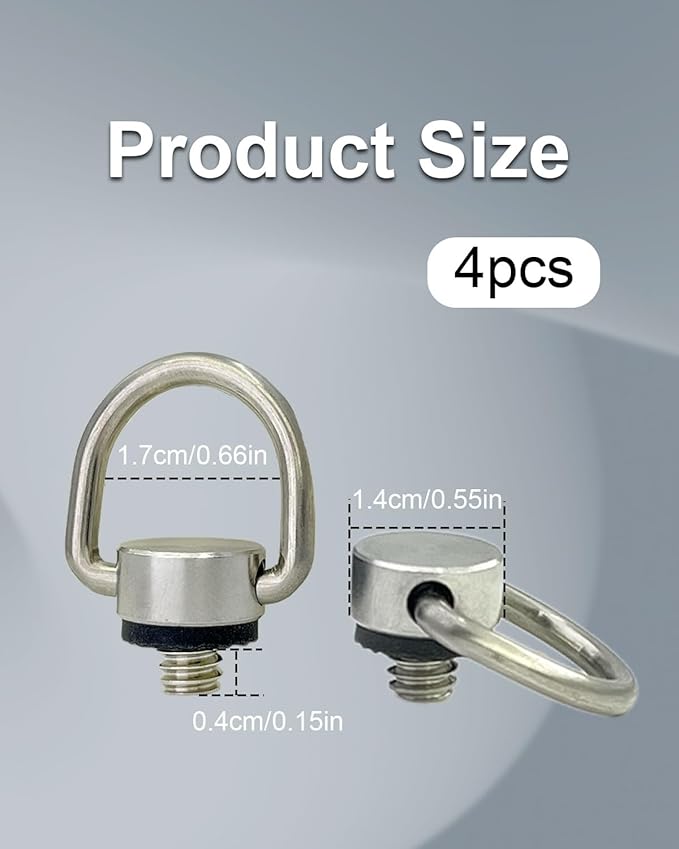 4Pcs Stainless Steel D Ring Screw Adapter, 1/4"-20 Camera Fixing Screw with Rubber Padded for Tripod Camera Shoulder Straps Selfie Sticks Gimbals, Silver