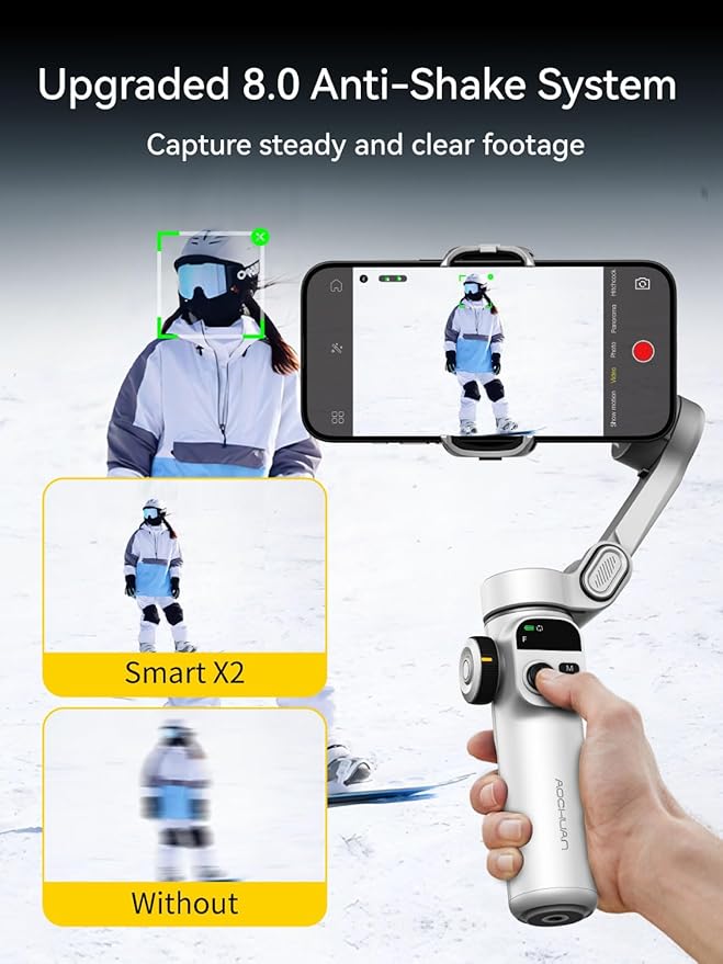 AOCHUAN Gimbal Stabilizer for iPhone, Phone Gimbal with Face/Object Tracking for Vlog Recording, 3-Axis Phone Stabilizer with 7.8' Extension Rod and OLED Display for iPhone/Android-Smart X2 White