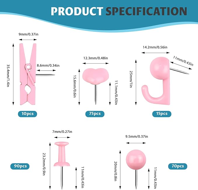 260 Pcs Push Pins Set 5 Styles Pink Thumb Tacks Cute Push Pins for Bulletin Board, Cork Board
