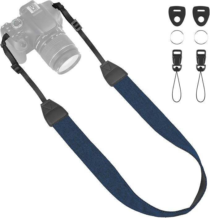 Universal Camera Strap - Camera Neck Strap, Adjustable Shoulder Straps Compatible with Canon, Fujifilm, Nikon, Olympus, Panasonic and other SLR and mirrorless cameras - Blue and Black Stripes