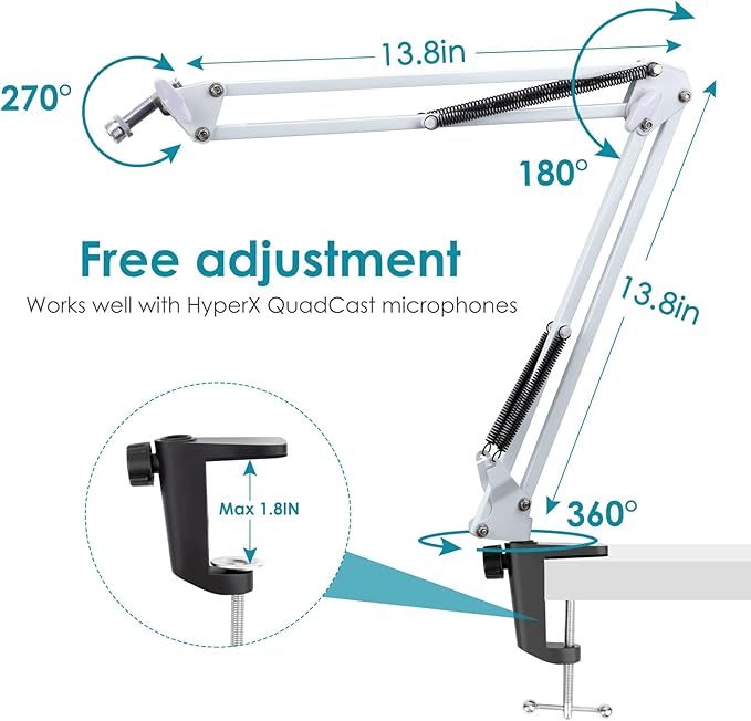 White Boom Arm for HyperX QuadCast S - White Mic Arm Compatible with Hyperx Quadcast White Microphone, Premium Microphone Boom Arm Stand by YOUSHARES