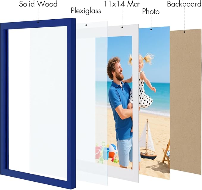 Vittanly 12x16 Picture Frame, Made of Solid Wood and Shatterproof Plexiglass, Display Pictures 11x14 with Mat or 12x16 without Mat, Wooden Photo Frame for Wall Mounting, Royal Blue, 1 Pack