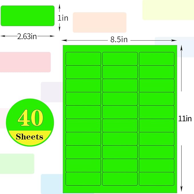 Colored Labels, 1''*2.625'', 8 Colors, 400 Labels, Permanent Adhesive, for Laser/Inkjet Printers