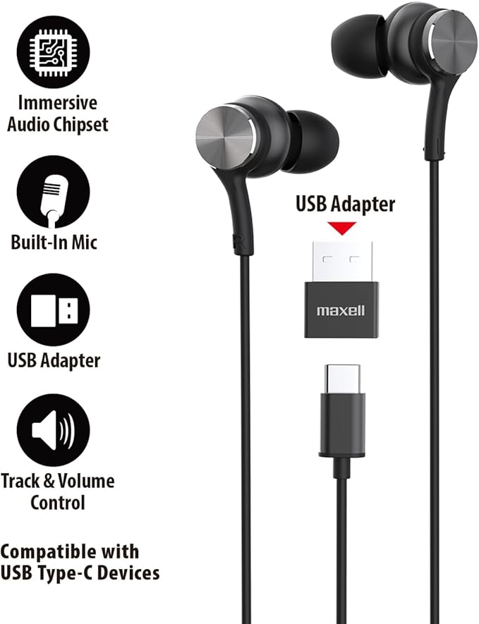 Maxell USB-C Wired Earbuds with USB-A Adapter, Built-in Microphone with Volume and Track Control, Compatible with All Devices with a USB-C and/or USB-A Port, Immersive Digital Chipset, Black, 197299