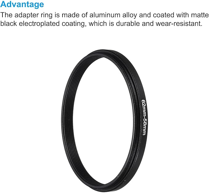 PATIKIL 62mm-58mm Metal Step Down Ring with Cleaning Cloth, 2 Pack Camera Lens Filter Adapter Ring Aluminum Filter Adapter Ring for Camera Lenses Hood, Black