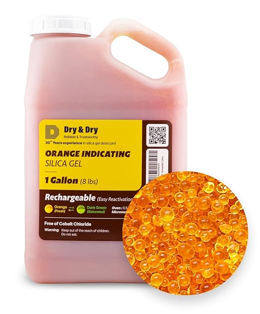 "Dry & Dry" [8 LBS] Premium Orange Indicating Silica Gel Desiccant Beads(Industry Standard 3-5 mm) - Rechargeable(1 Gallon)